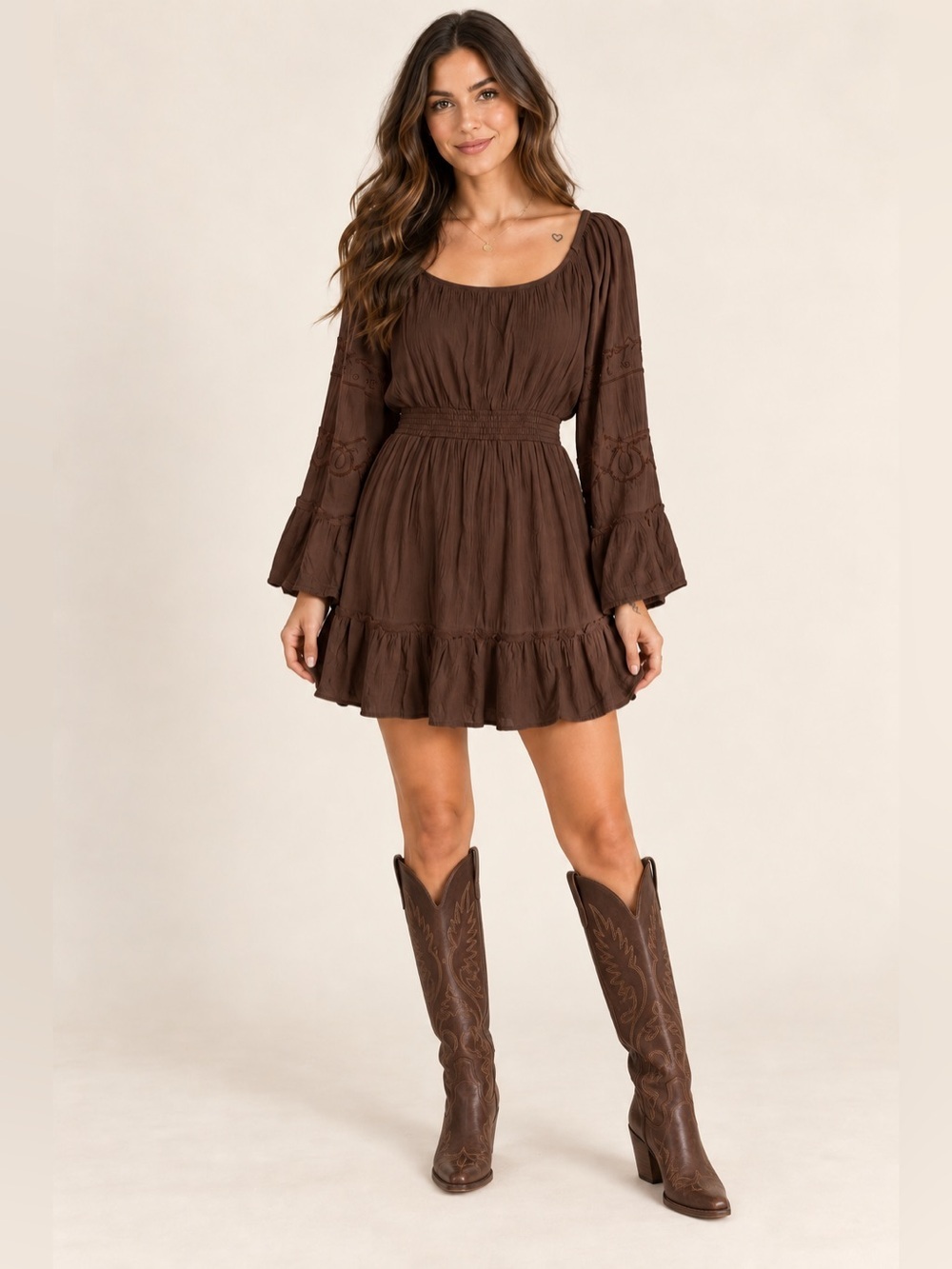 Boot Barn Shyanne Highlands Bell Sleeve Embroidered Brown Mini Dress Size Small